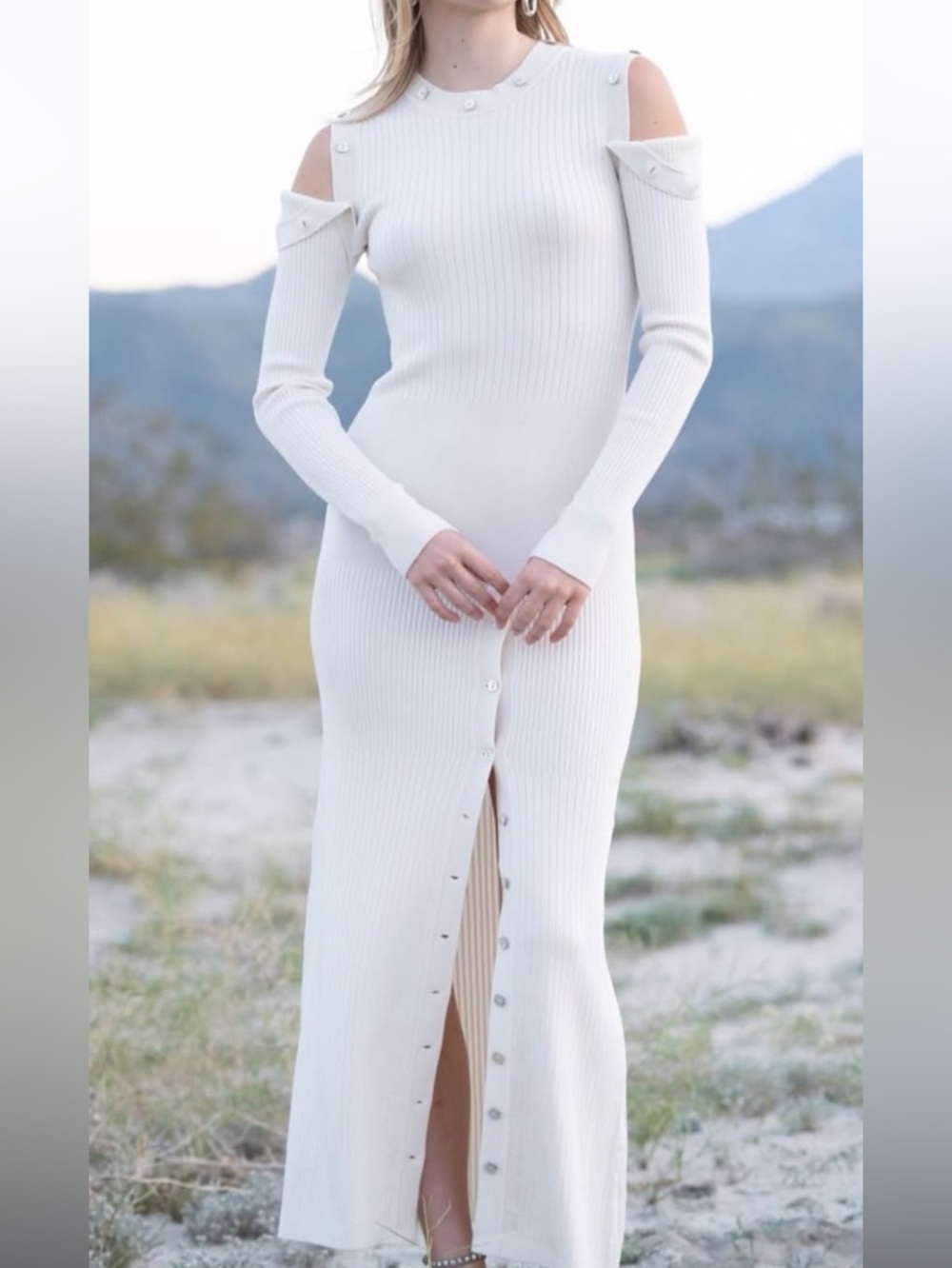 Noel 4-in-1 Slim Ribbed Long-Sleeve Button-Trim Maxi Dress in White